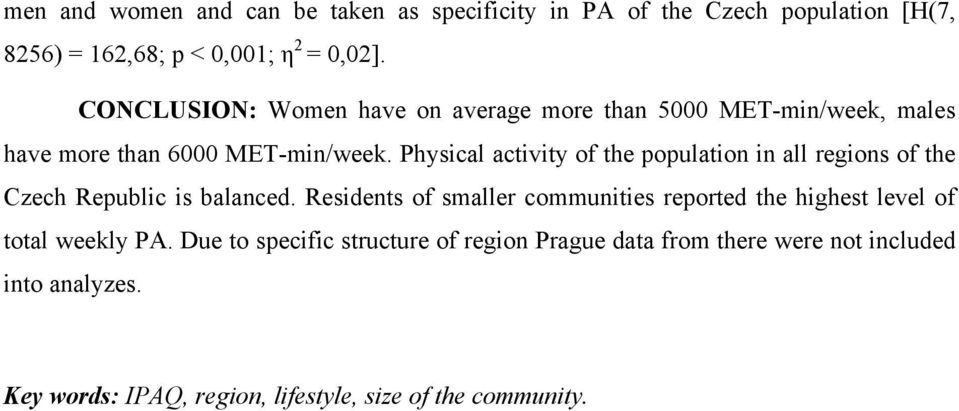 Physical activity of the population in all regions of the Czech Republic is balanced.