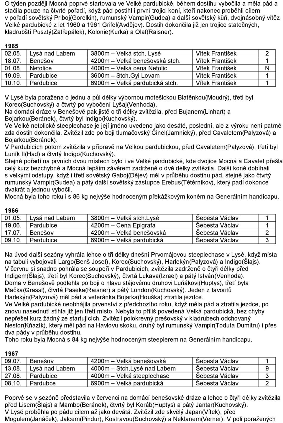 Dostih dokončila již jen trojice statečných, kladrubští Pusztý(Zatřepálek), Kolonie(Kurka) a Olaf(Raisner). 1965 02.05. Lysá nad Labem 3800m Velká stch. Lysé Vítek František 2 18.07.