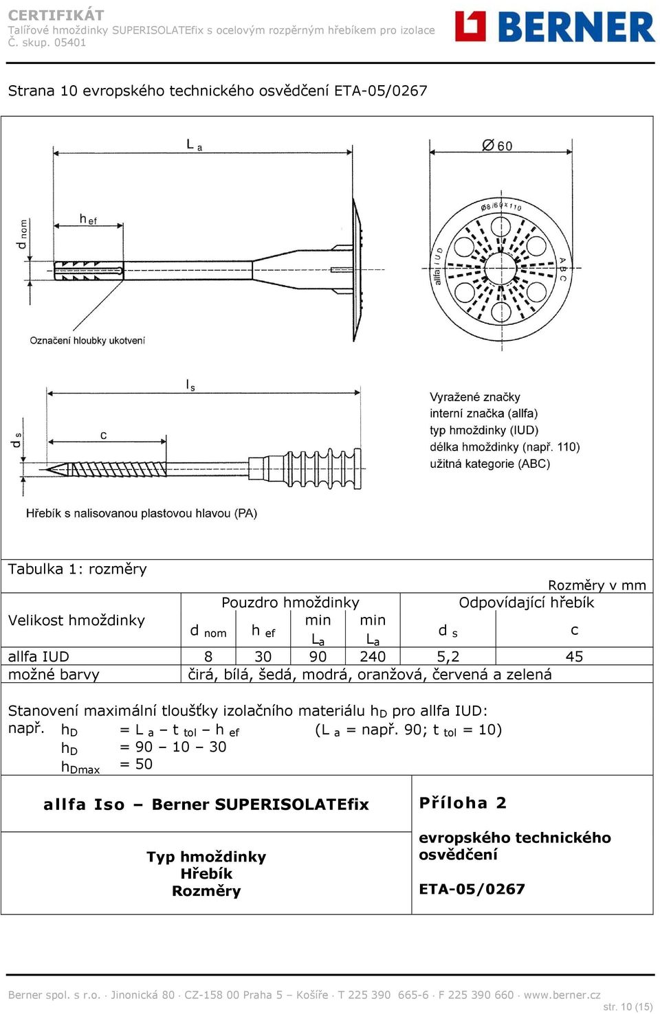 Stanovení maximální tloušťky izolačního materiálu h D pro allfa IUD: např. h D h D h Dmax = L a t tol h ef = 90 10 30 = 50 (L a = např.