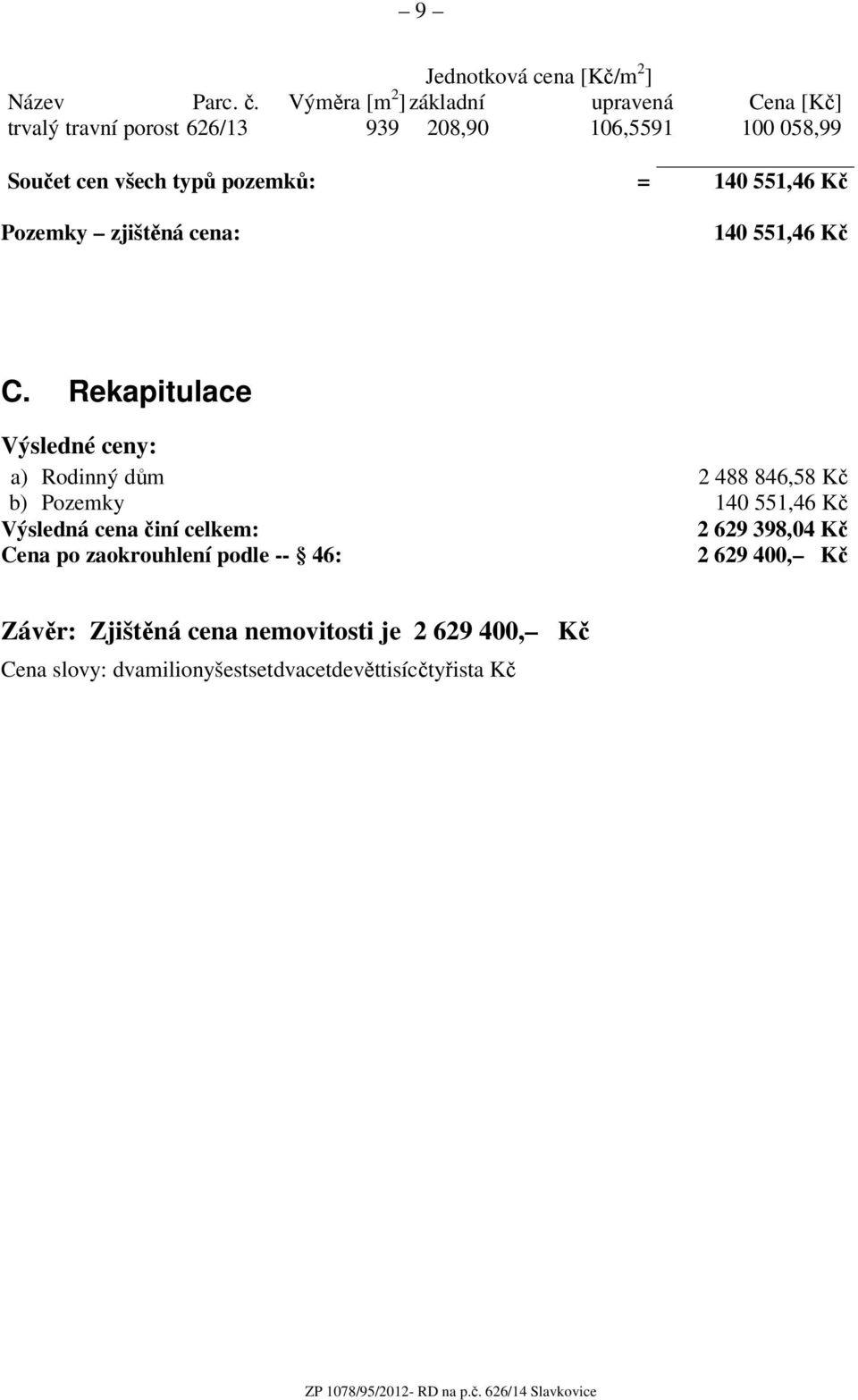 pozemků: = 140 551,46 Kč Pozemky zjištěná cena: 140 551,46 Kč C.