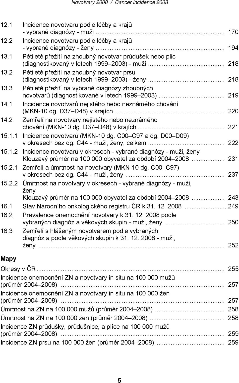 .. 218 13.3 Pětileté přežití na vybrané diagnózy zhoubných novotvarů (diagnostikované v letech 1999 2003)... 219 14.1 Incidence novotvarů nejistého nebo neznámého chování (MKN-10 dg.