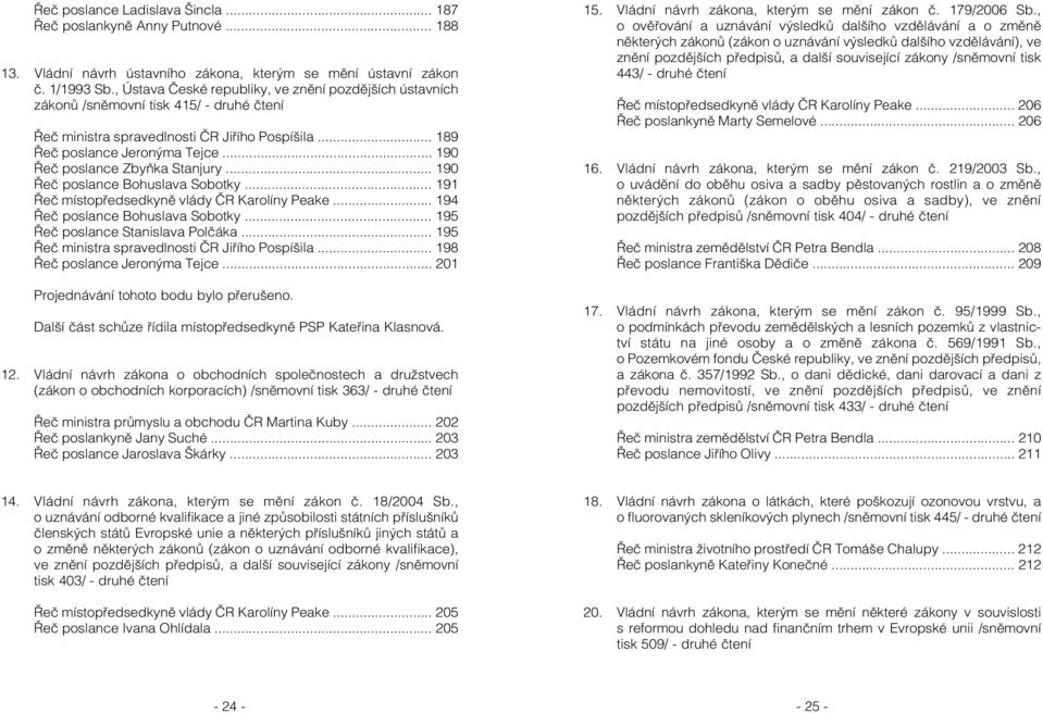 .. 190 Řeč poslance Zbyňka Stanjury... 190 Řeč poslance Bohuslava Sobotky... 191 Řeč místopředsedkyně vlády ČR Karolíny Peake... 194 Řeč poslance Bohuslava Sobotky.