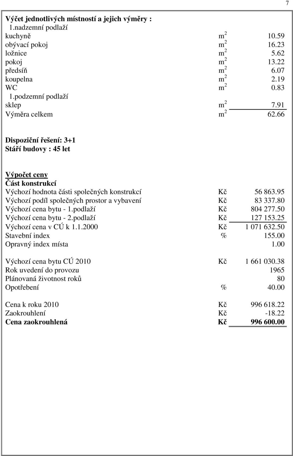 95 Výchozí podíl společných prostor a vybavení Kč 83 337.80 Výchozí cena bytu - 1.podlaží Kč 804 277.50 Výchozí cena bytu - 2.podlaží Kč 127 153.25 Výchozí cena v CÚ k 1.1.2000 Kč 1 071 632.