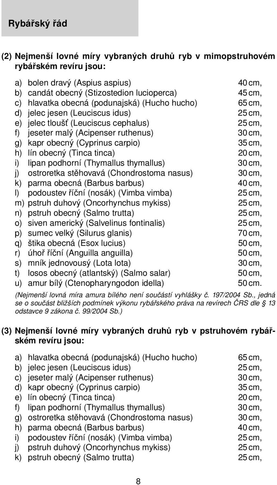 cm, h) lín obecný (Tinca tinca) 20 cm, i) lipan podhorní (Thymallus thymallus) 30 cm, j) ostroretka stěhovavá (Chondrostoma nasus) 30 cm, k) parma obecná (Barbus barbus) 40 cm, l) podoustev říční