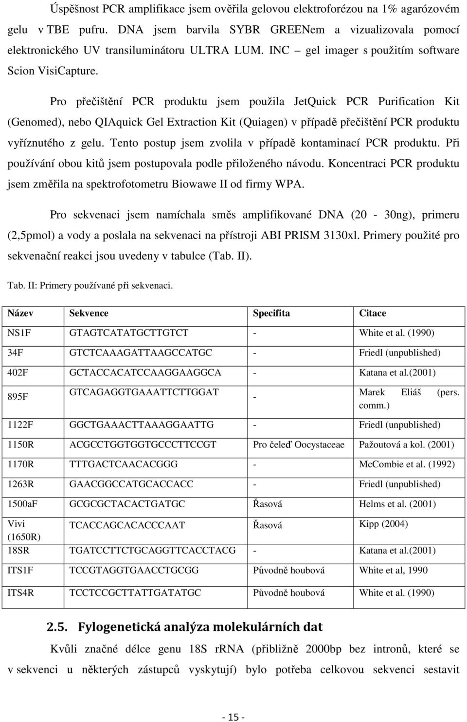 Pro přečištění PCR produktu jsem použila JetQuick PCR Purification Kit (Genomed), nebo QIAquick Gel Extraction Kit (Quiagen) v případě přečištění PCR produktu vyříznutého z gelu.