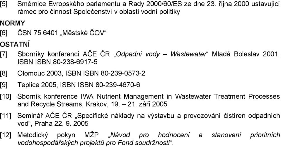 Boleslav 2001, ISBN ISBN 80-238-6917-5 [8] Olomouc 2003, ISBN ISBN 80-239-0573-2 [9] Teplice 2005, ISBN ISBN 80-239-4670-6 [10] Sborník konference IWA Nutrient Management in