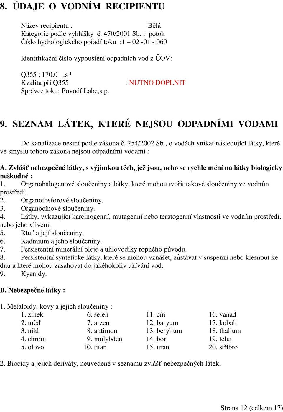 SEZNAM LÁTEK, KTERÉ NEJSOU ODPADNÍMI VODAMI Do kanalizace nesmí podle zákona č. 254/2002 Sb., o vodách vnikat následující látky, které ve smyslu tohoto zákona nejsou odpadními vodami : A.