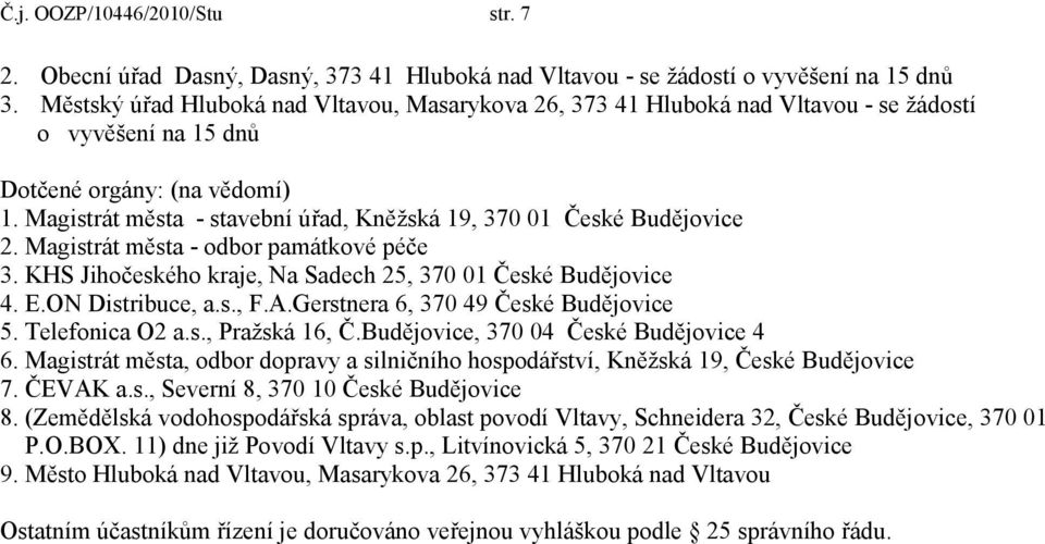 Magistrát města - stavební úřad, Kněžská 19, 370 01 České Budějovice 2. Magistrát města - odbor památkové péče 3. KHS Jihočeského kraje, Na Sadech 25, 370 01 České Budějovice 4. E.ON Distribuce, a.s., F.