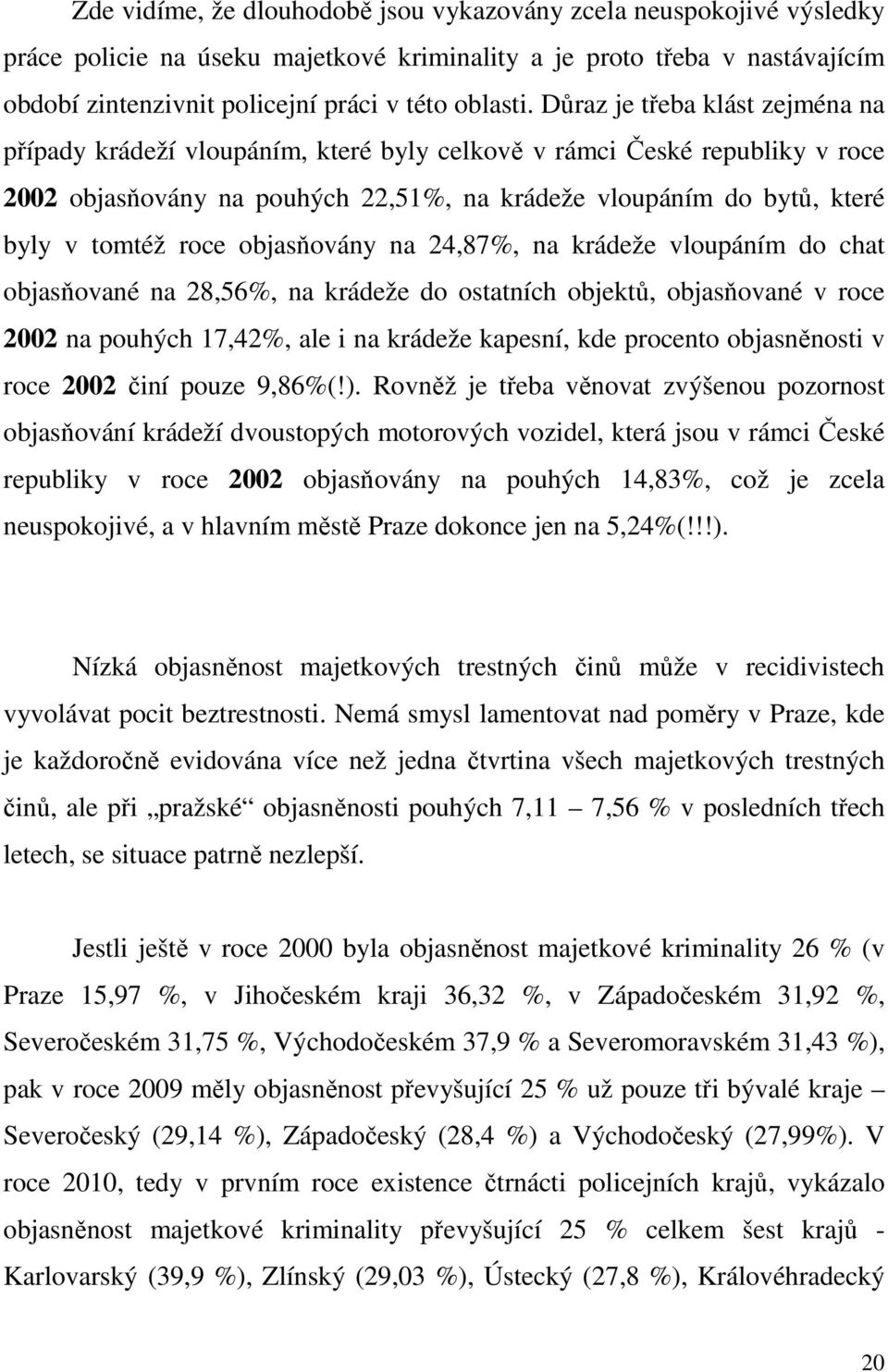 objasňovány na 24,87%, na krádeže vloupáním do chat objasňované na 28,56%, na krádeže do ostatních objektů, objasňované v roce 2002 na pouhých 17,42%, ale i na krádeže kapesní, kde procento