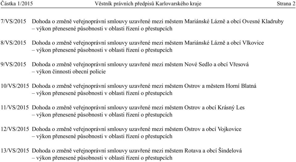 přestupcích Dohoda o změně veřejnoprávní smlouvy uzavřené mezi městem Nové Sedlo a obcí Vřesová výkon činnosti obecní policie 10/VS/2015 Dohoda o změně veřejnoprávní smlouvy uzavřené mezi městem