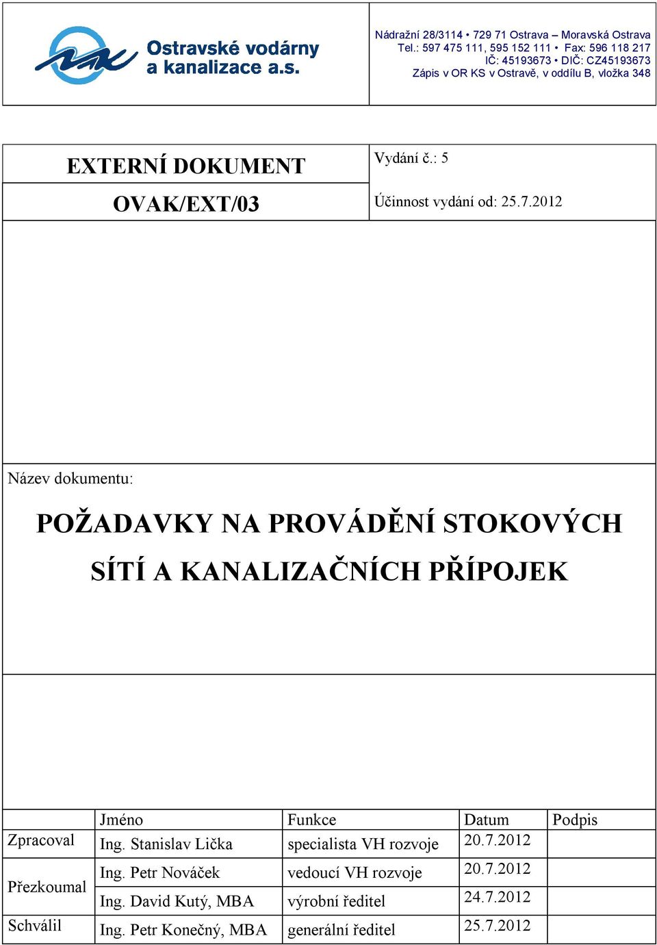 OVAK/EXT/03 Vydání č.: 5 Účinnost vydání od: 25.7.