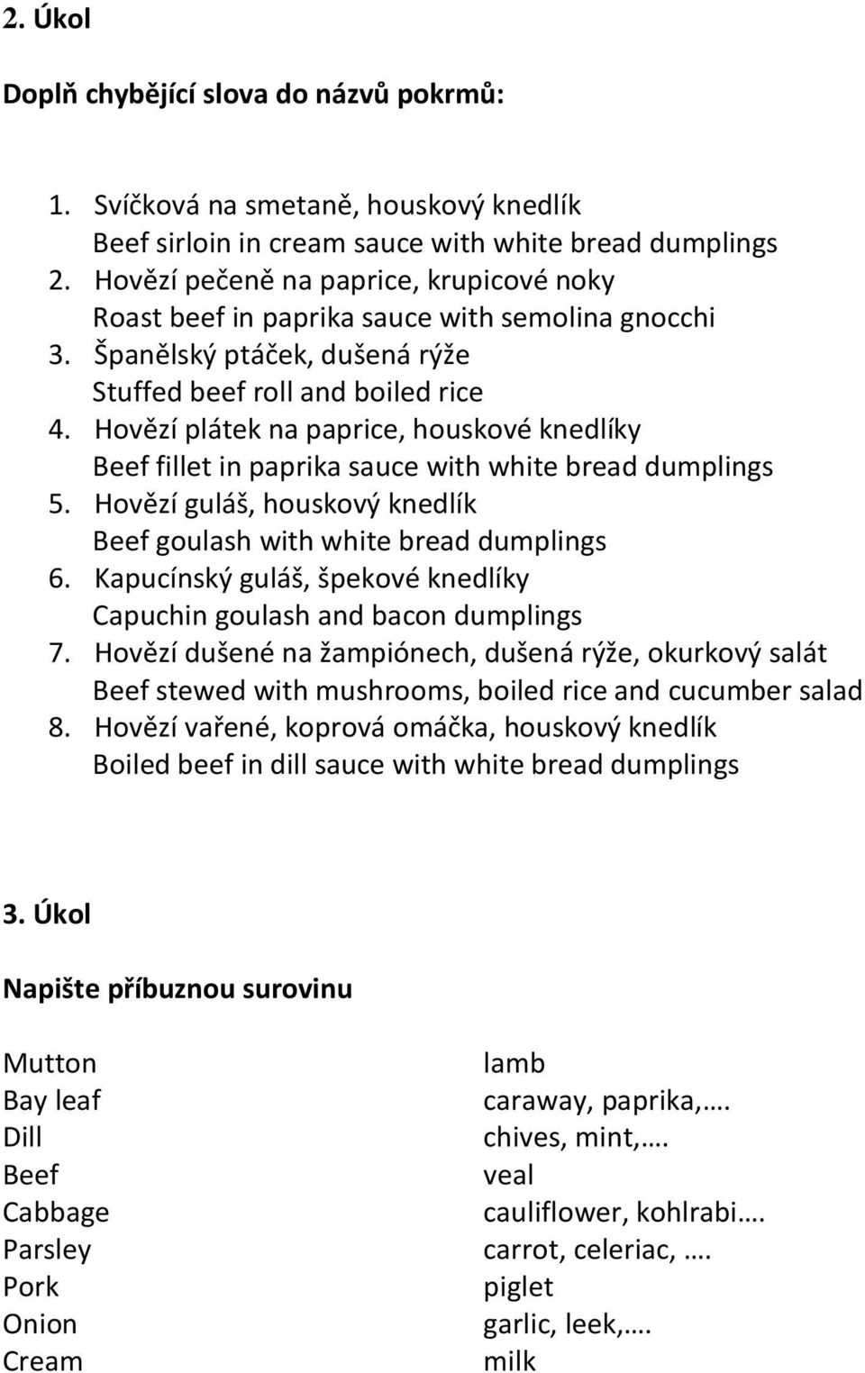 Hovězí plátek na paprice, houskové knedlíky Beef fillet in paprika sauce with white bread dumplings 5. Hovězí guláš, houskový knedlík Beef goulash with white bread dumplings 6.