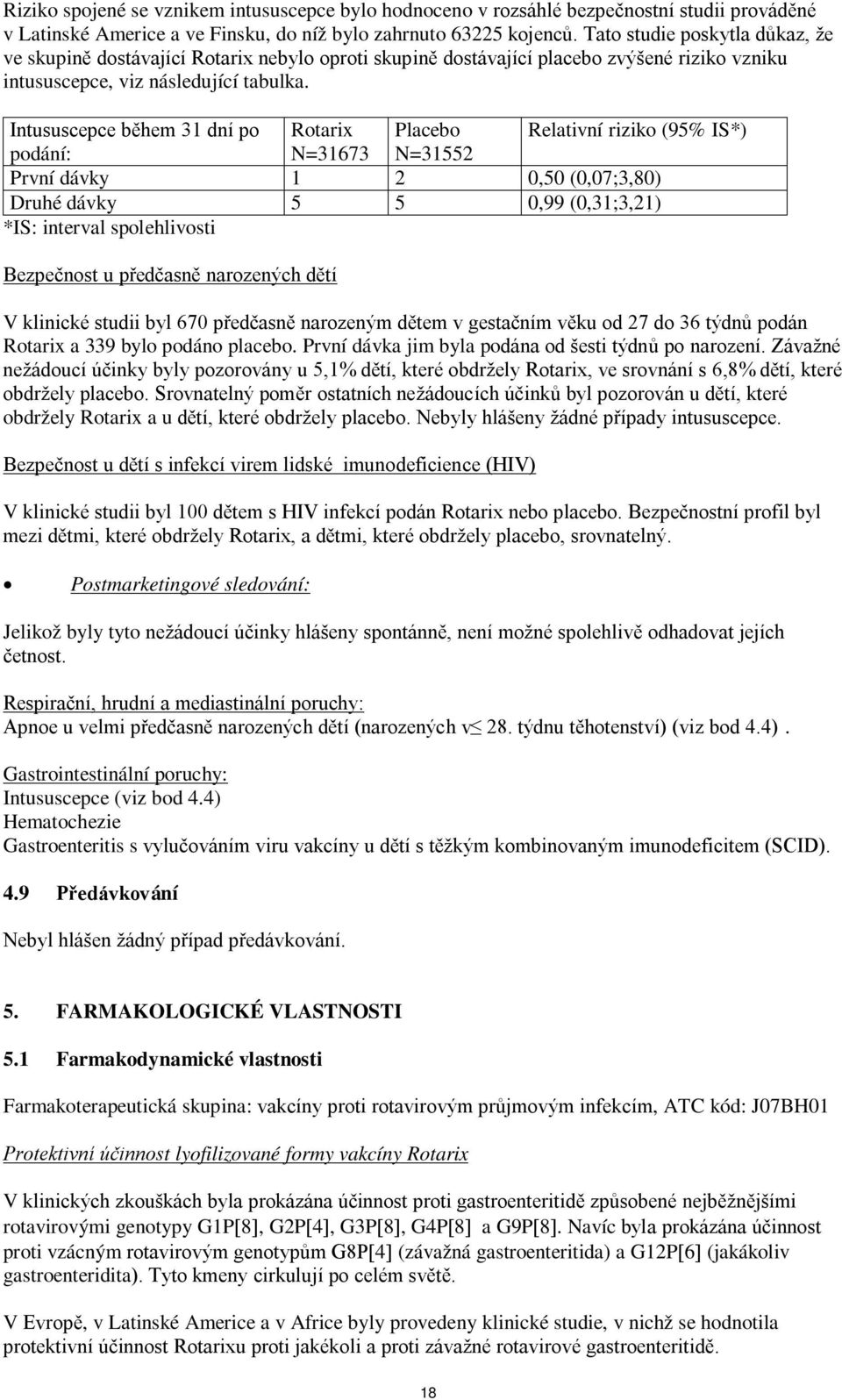 Intususcepce během 31 dní po Rotarix Placebo Relativní riziko (95% IS*) podání: N=31673 N=31552 První dávky 1 2 0,50 (0,07;3,80) Druhé dávky 5 5 0,99 (0,31;3,21) *IS: interval spolehlivosti