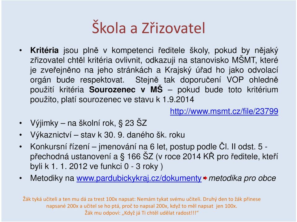 2014 Výjimky na školní rok, 23 ŠZ Výkaznictví stav k 30. 9. daného šk. roku http://www.msmt.cz/file/23799 Konkursní řízení jmenování na 6 let, postup podle Čl. II odst.