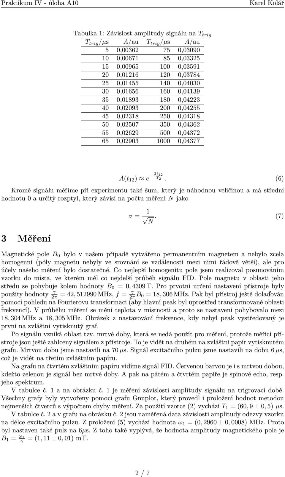 (6) Kromě signálu měříme při experimentu také šum, který je náhodnou veličinou a má střední hodnotu a určitý rozptyl, který závisí na počtu měření jako σ = 1.