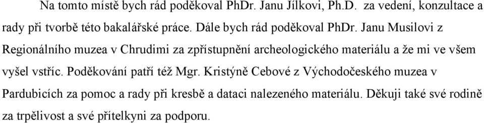 Janu Musilovi z Regionálního muzea v Chrudimi za zpřístupnění archeologického materiálu a že mi ve všem vyšel vstříc.