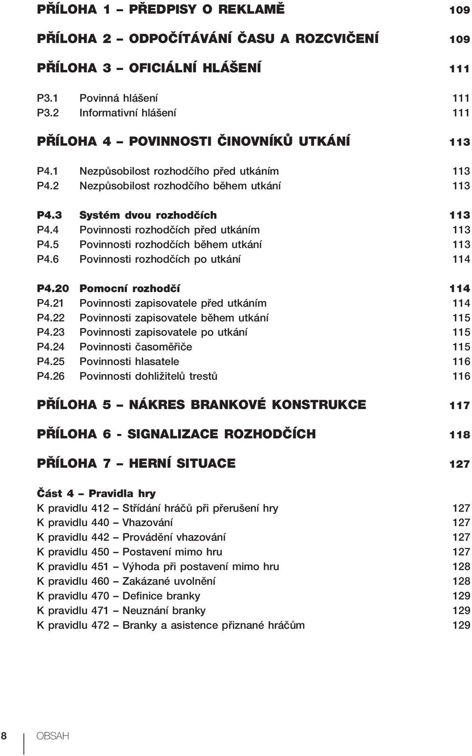 4 Povinnosti rozhodčích před utkáním 113 P4.5 Povinnosti rozhodčích během utkání 113 P4.6 Povinnosti rozhodčích po utkání 114 P4.20 Pomocní rozhodčí 114 P4.