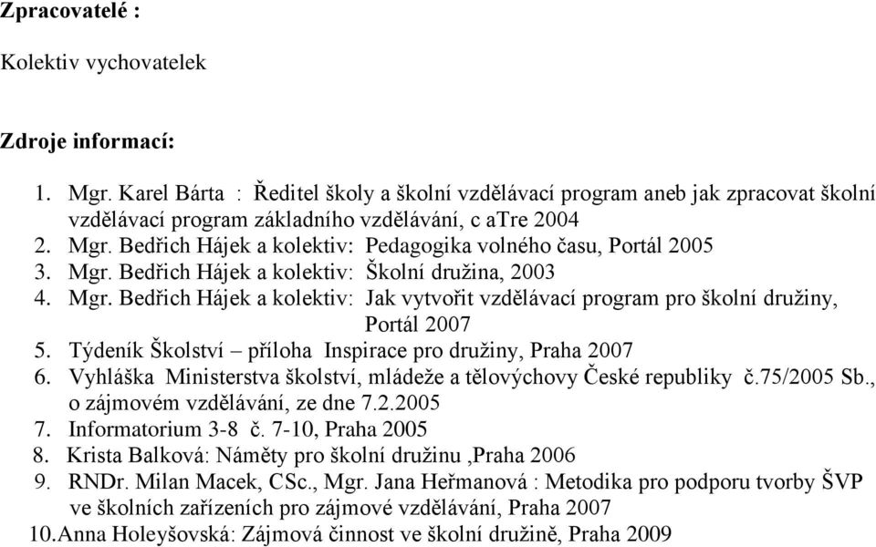 Bedřich Hájek a kolektiv: Pedagogika volného času, Portál 2005 3. Mgr. Bedřich Hájek a kolektiv: Školní družina, 2003 4. Mgr. Bedřich Hájek a kolektiv: Jak vytvořit vzdělávací program pro školní družiny, Portál 2007 5.