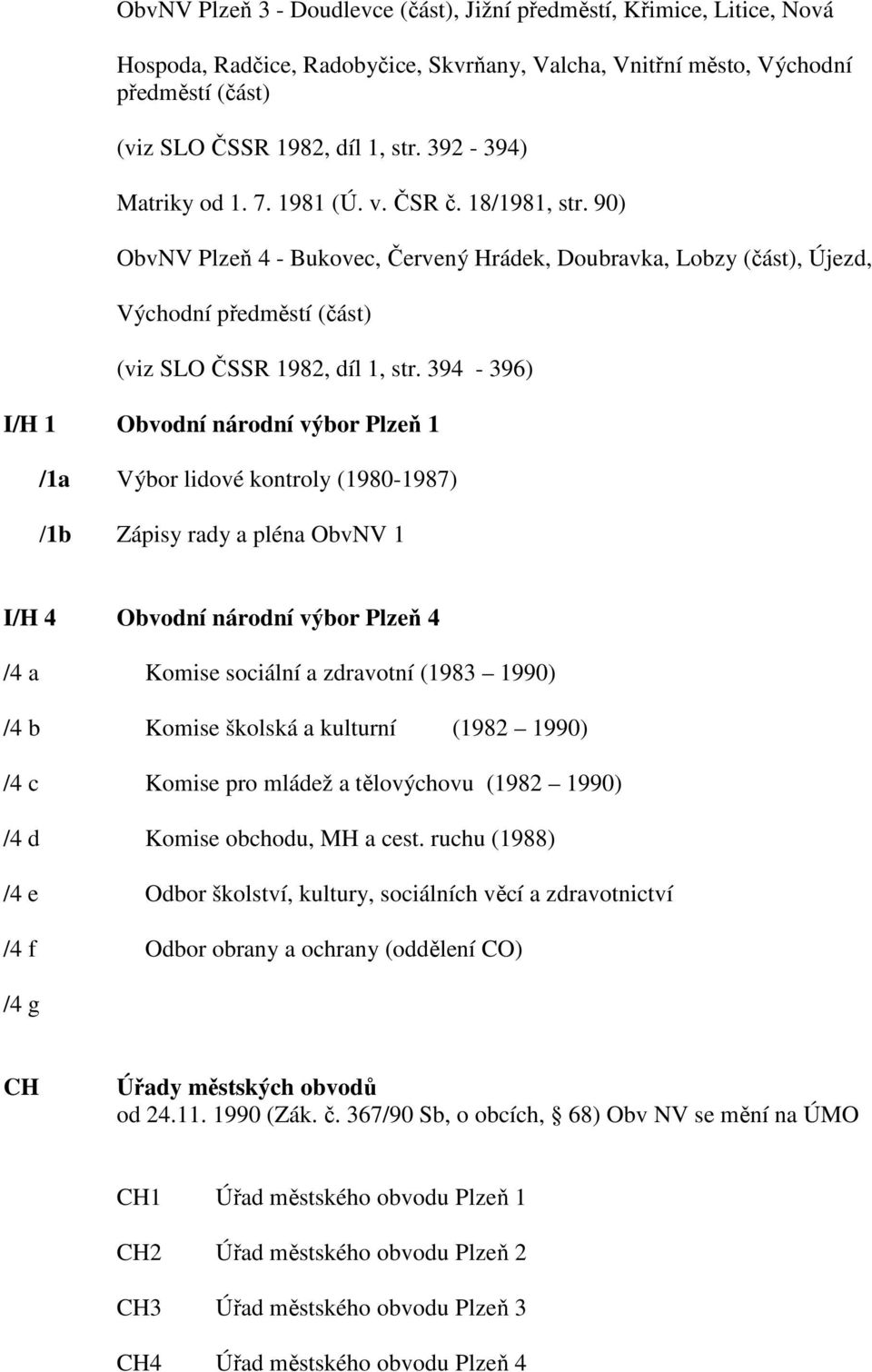 394-396) I/H 1 Obvodní národní výbor Plzeň 1 /1a Výbor lidové kontroly (1980-1987) /1b Zápisy rady a pléna ObvNV 1 I/H 4 Obvodní národní výbor Plzeň 4 /4 a Komise sociální a zdravotní (1983 1990) /4