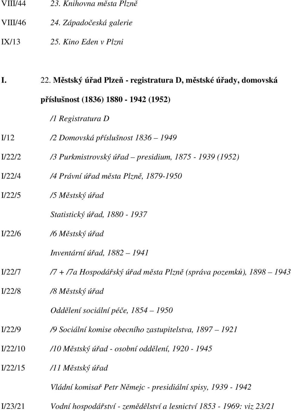 1875-1939 (1952) I/22/4 /4 Právní úřad města Plzně, 1879-1950 I/22/5 /5 Městský úřad Statistický úřad, 1880-1937 I/22/6 /6 Městský úřad Inventární úřad, 1882 1941 I/22/7 /7 + /7a Hospodářský úřad