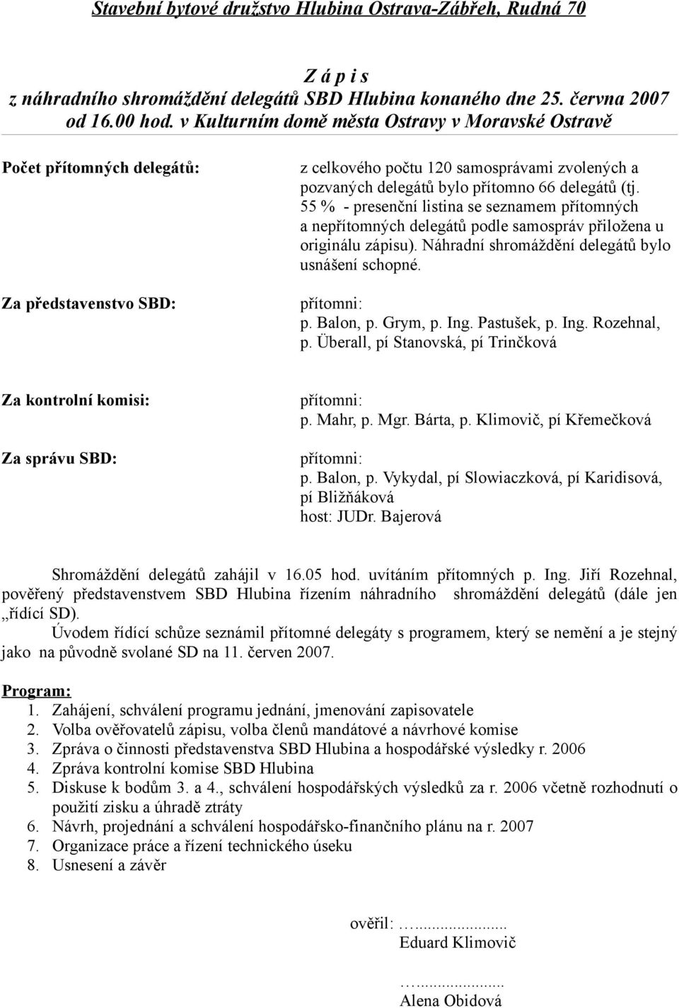 55 % - presenční listina se seznamem přítomných a nepřítomných delegátů podle samospráv přiložena u originálu zápisu). Náhradní shromáždění delegátů bylo usnášení schopné. p. Balon, p. Grym, p. Ing.