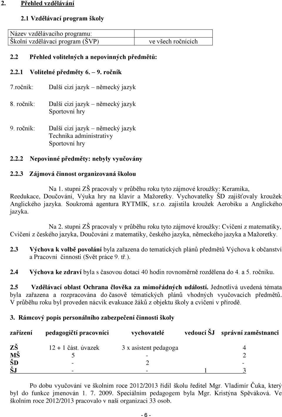 2.2 Nepovinné předměty: nebyly vyučovány 2.2.3 Zájmová činnost organizovaná školou Na 1.