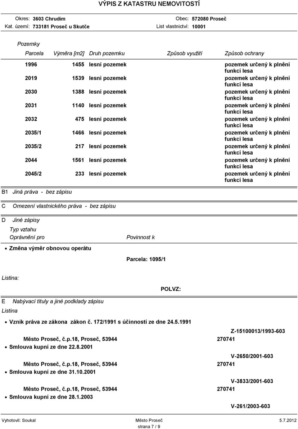 pozemek pozemek určený k plnění 2045/2 233 lesní pozemek pozemek určený k plnění Jiné zápisy Typ vztahu Oprávnění pro Změna výměr obnovou operátu Povinnost k Parcela: 1095/1 Vznik práva ze zákona