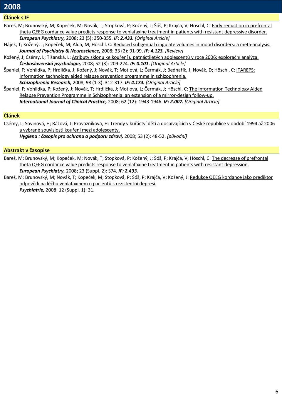 [Original Article] Hájek, T; Kožený, J; Kopeček, M; Alda, M; Höschl, C: Reduced subgenual cingulate volumes in mood disorders: a meta analysis.