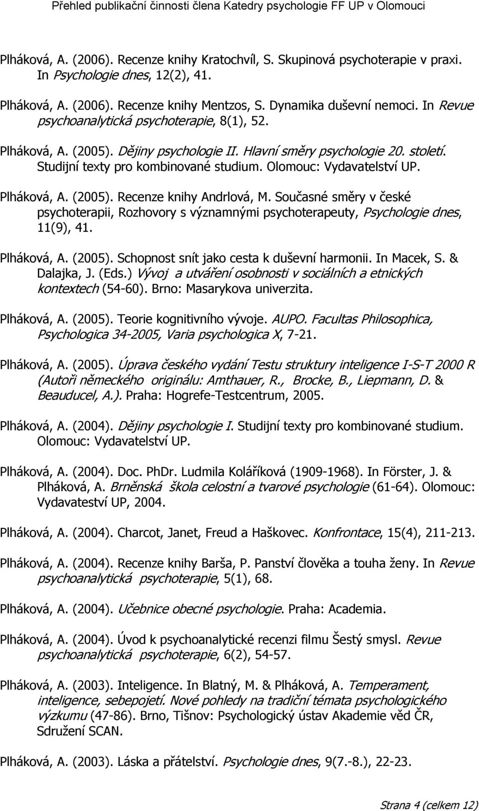 Plháková, A. (2005). Recenze knihy Andrlová, M. Současné směry v české psychoterapii, Rozhovory s významnými psychoterapeuty, Psychologie dnes, 11(9), 41. Plháková, A. (2005). Schopnost snít jako cesta k duševní harmonii.