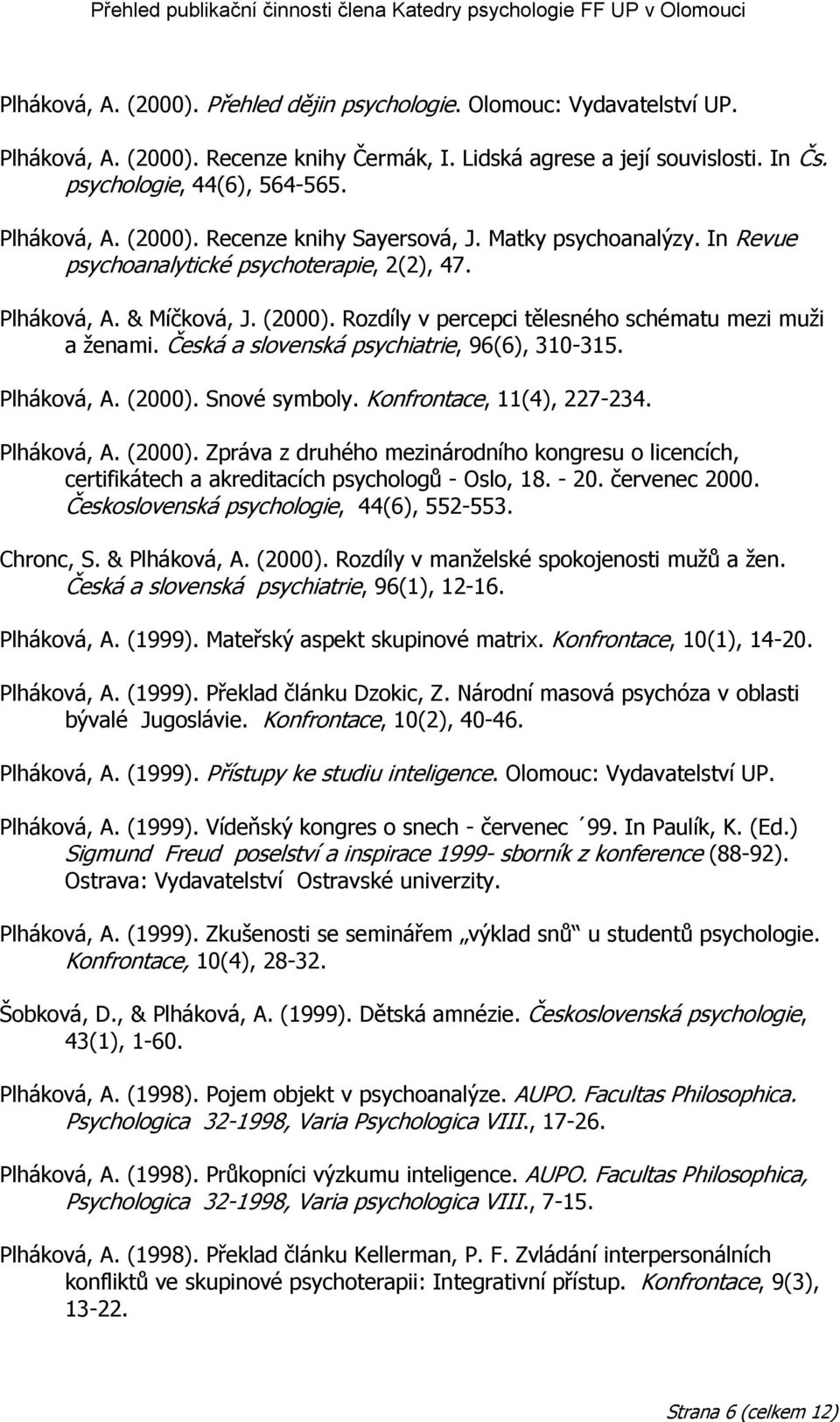Česká a slovenská psychiatrie, 96(6), 310-315. Plháková, A. (2000). Snové symboly. Konfrontace, 11(4), 227-234. Plháková, A. (2000). Zpráva z druhého mezinárodního kongresu o licencích, certifikátech a akreditacích psychologů - Oslo, 18.