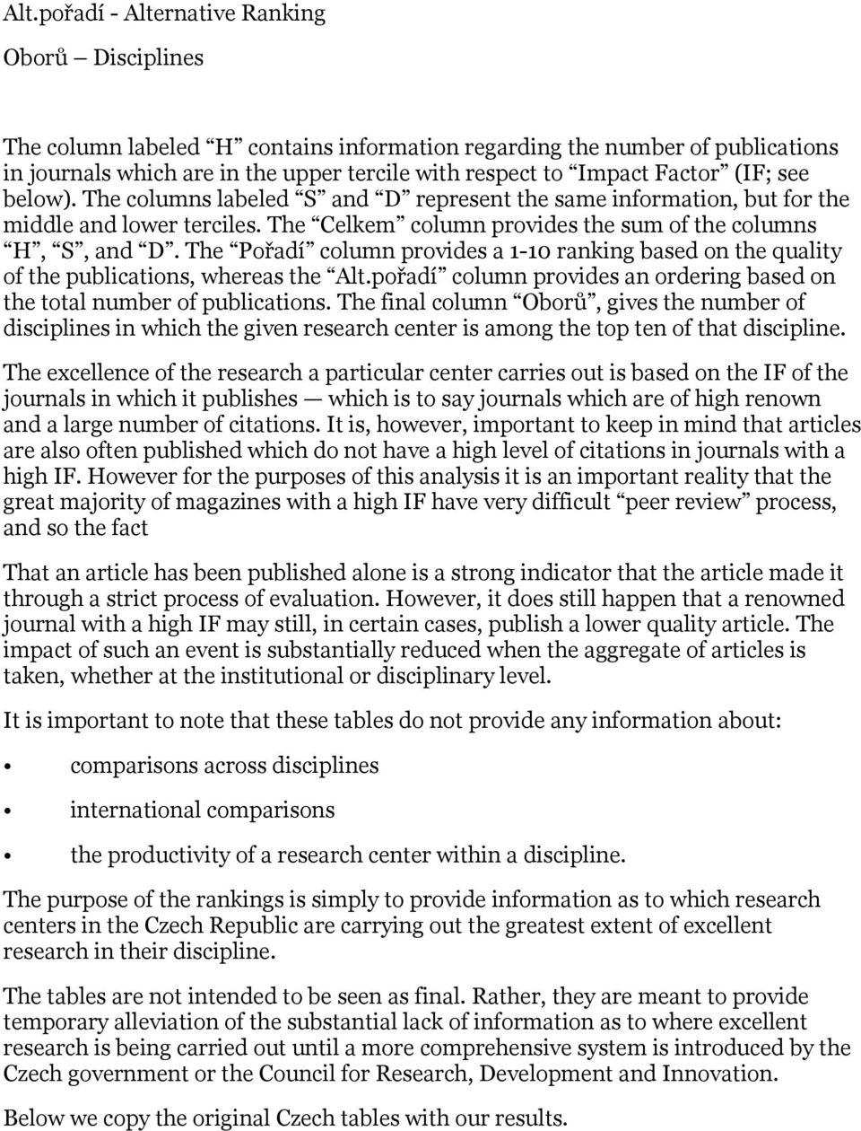 The Pořadí column provides a 1-10 ranking based on the quality of the publications, whereas the Alt.pořadí column provides an ordering based on the total number of publications.