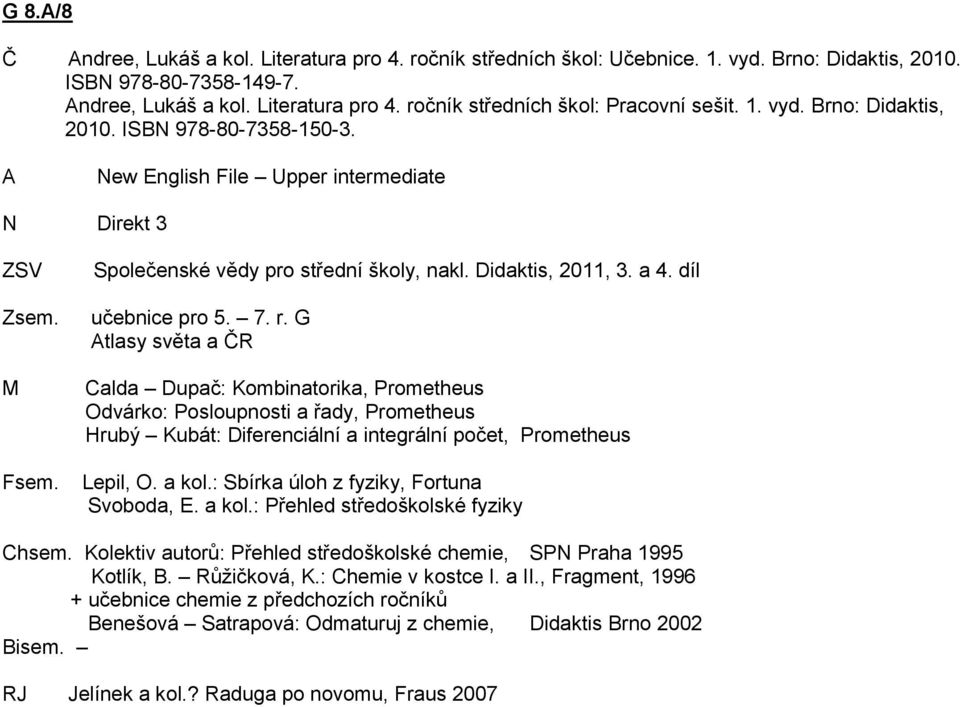 7. r. G tlasy světa a ČR Calda upač: Kombinatorika, Prometheus Odvárko: Posloupnosti a řady, Prometheus Hrubý Kubát: iferenciální a integrální počet, Prometheus Lepil, O. a kol.