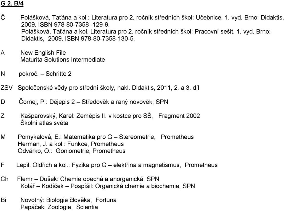 díl Čornej, P.: ějepis 2 Středověk a raný novověk, SPN Z Kašparovský, Karel: Zeměpis II. v kostce pro SŠ, Fragment 2002 Školní atlas světa F Ch Pomykalová, E.