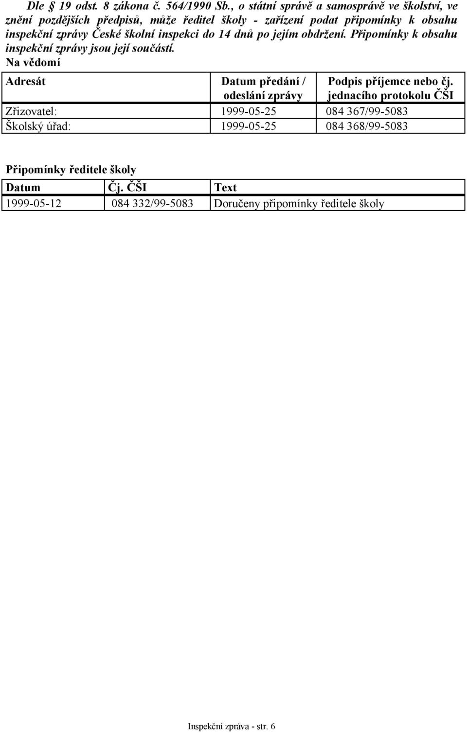 České školní inspekci do 14 dnů po jejím obdržení. Připomínky k obsahu inspekční zprávy jsou její součástí.
