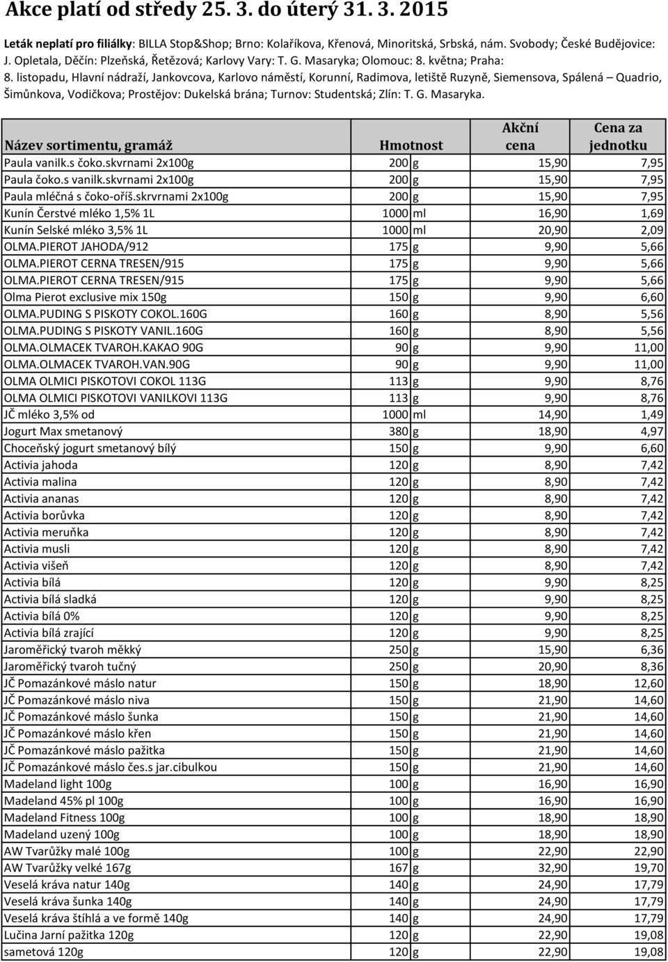 listopadu, Hlavní nádraží, Jankovcova, Karlovo náměstí, Korunní, Radimova, letiště Ruzyně, Siemensova, Spálená Quadrio, Šimůnkova, Vodičkova; Prostějov: Dukelská brána; Turnov: Studentská; Zlín: T. G.