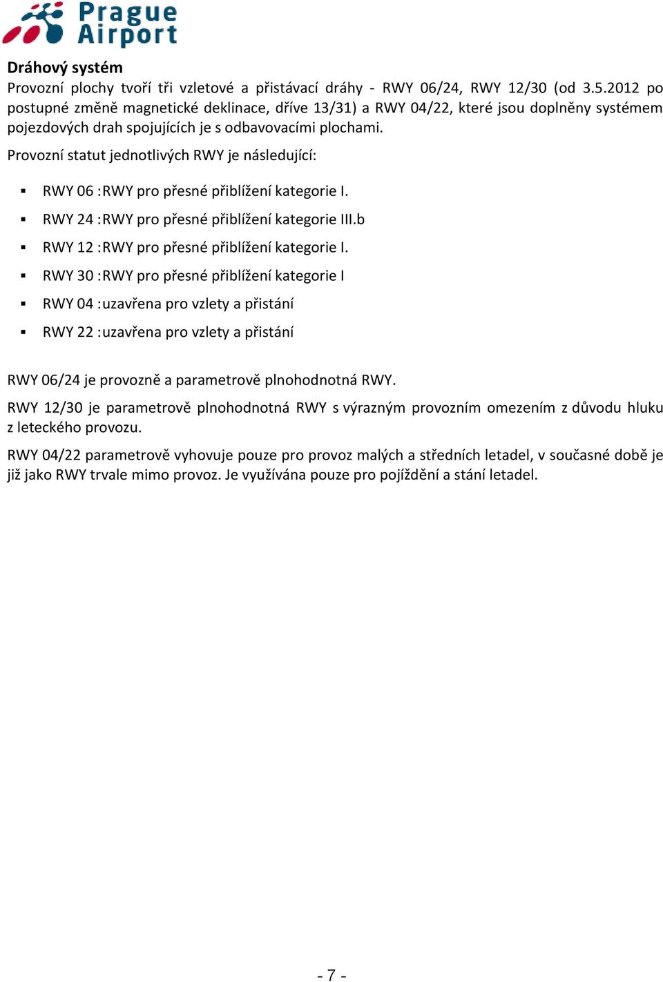Provozní statut jednotlivých RWY je následující: RWY 06 :RWY pro přesné přiblížení kategorie I. RWY 24 :RWY pro přesné přiblížení kategorie III.b RWY 12 :RWY pro přesné přiblížení kategorie I.