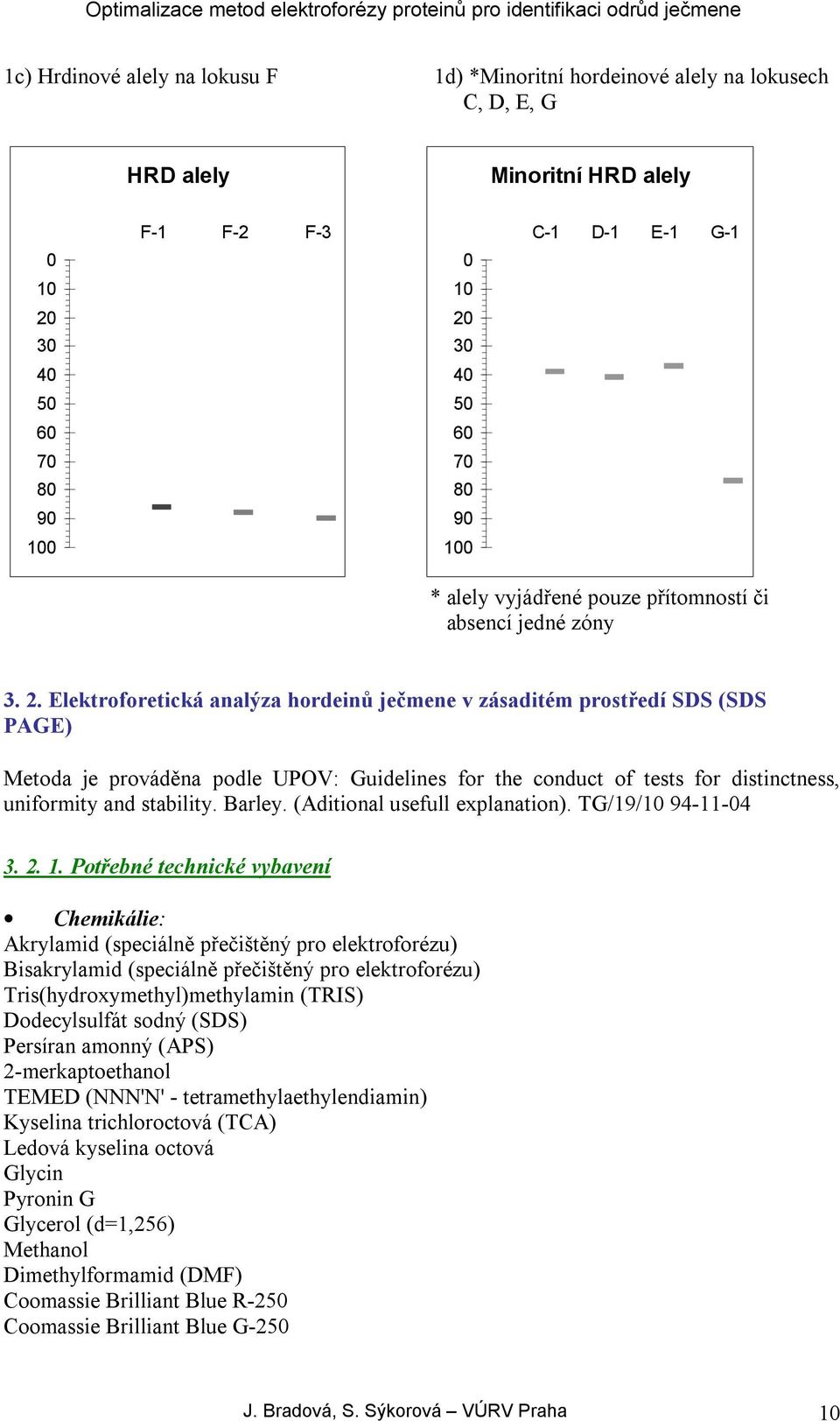 Elektroforetická analýza hordeinů ječmene v zásaditém prostředí SDS (SDS PAGE) Metoda je prováděna podle UPOV: Guidelines for the conduct of tests for distinctness, uniformity and stability. Barley.