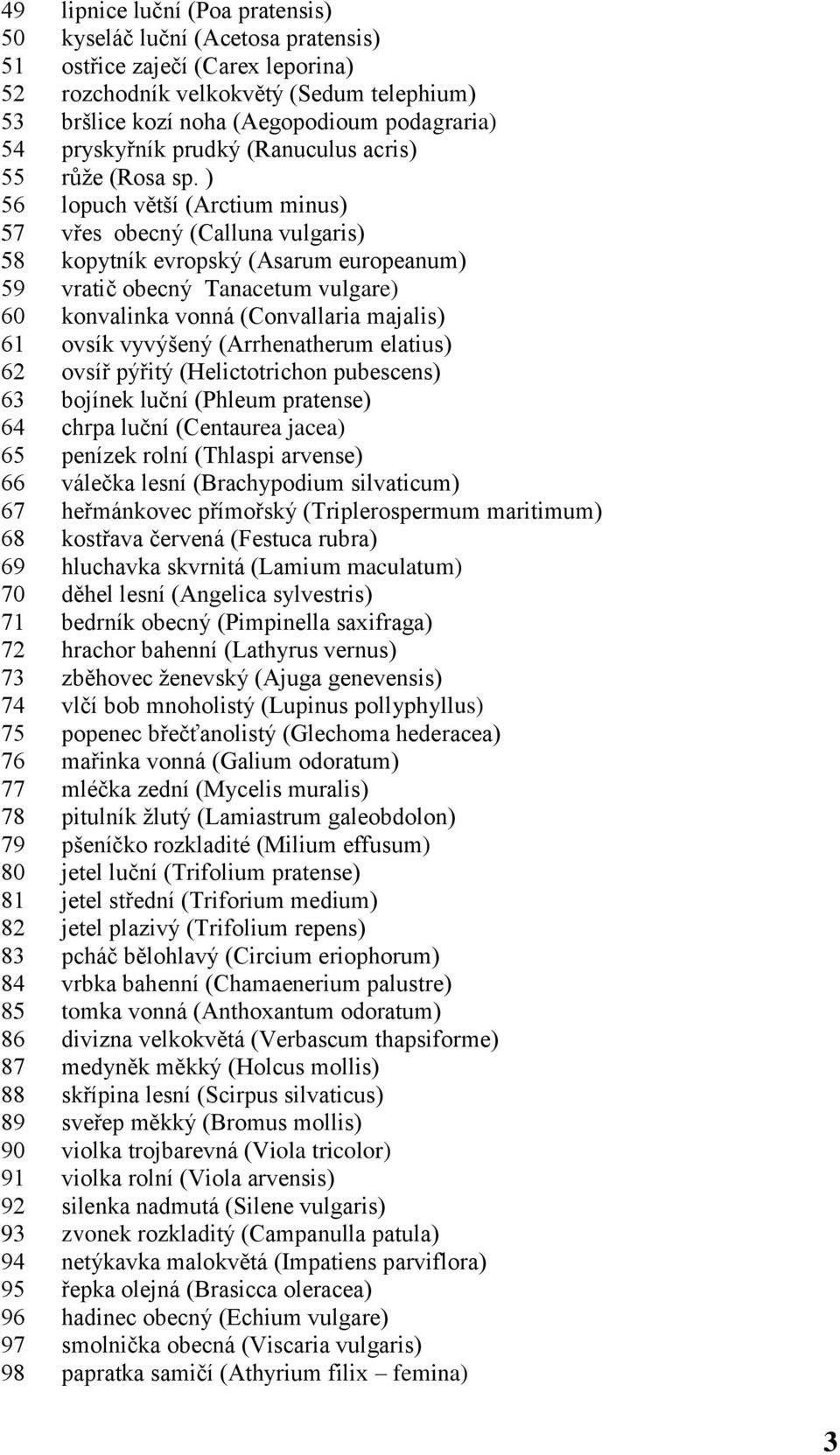 ) 56 lopuch větší (Arctium minus) 57 vřes obecný (Calluna vulgaris) 58 kopytník evropský (Asarum europeanum) 59 vratič obecný Tanacetum vulgare) 60 konvalinka vonná (Convallaria majalis) 61 ovsík