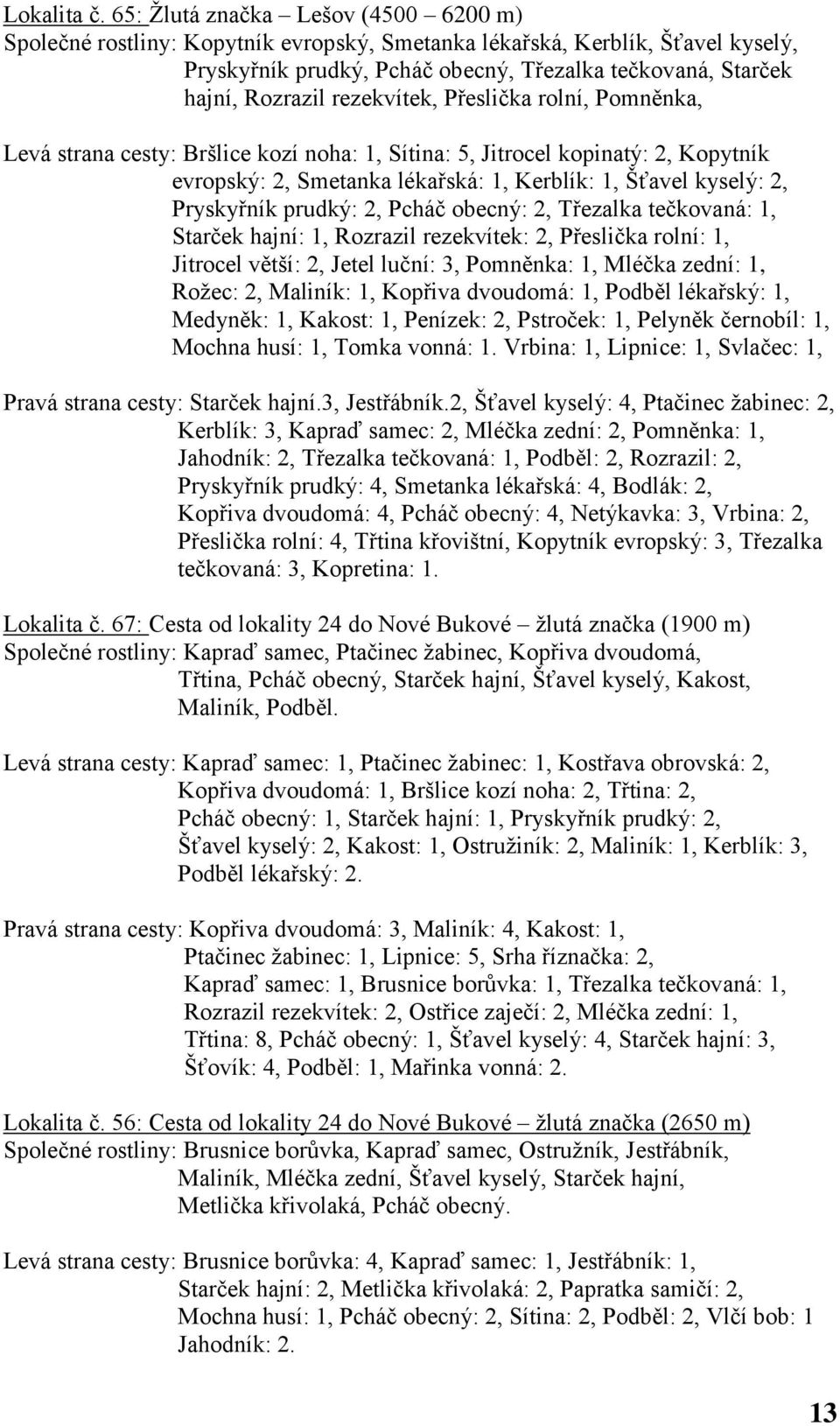 rezekvítek, Přeslička rolní, Pomněnka, Levá strana cesty: Bršlice kozí noha: 1, Sítina: 5, Jitrocel kopinatý: 2, Kopytník evropský: 2, Smetanka lékařská: 1, Kerblík: 1, Šťavel kyselý: 2, Pryskyřník