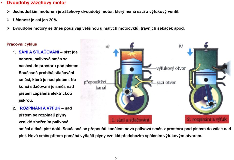 SÁNÍ A STLAČOVÁNÍ píst jde nahoru, palivová směs se nasává do prostoru pod pístem. Současně probíhá stlačování směsi, která je nad pístem.