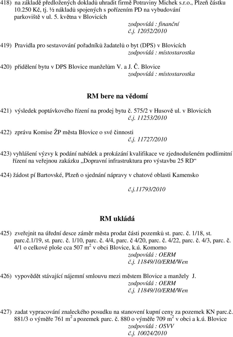 Blovice RM bere na vědomí 421) výsledek poptávkového řízení na prodej 