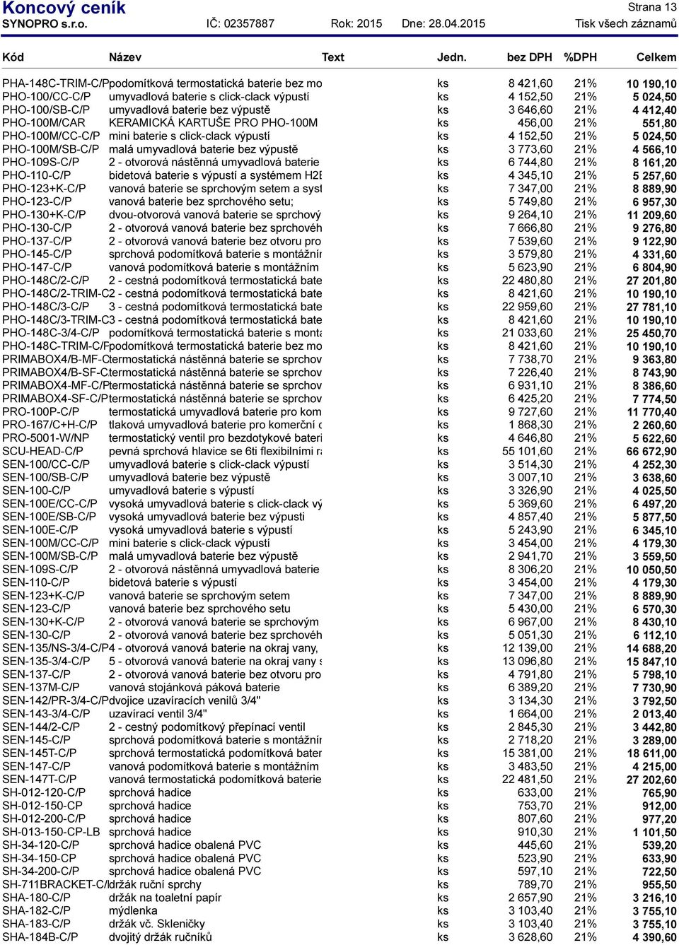 výpustí ks 4 152,50 21% 5 024,50 PHO-100M/SB-C/P malá umyvadlová baterie bez výpustě ks 3 773,60 21% 4 566,10 PHO-109S-C/P 2 - otvorová nástěnná umyvadlová baterie ks 6 744,80 21% 8 161,20