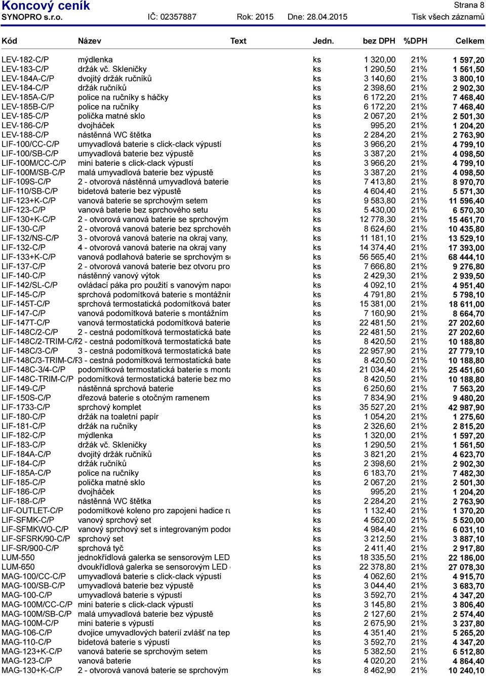 21% 7 468,40 LEV-185B-C/P police na ručníky ks 6 172,20 21% 7 468,40 LEV-185-C/P polička matné sklo ks 2 067,20 21% 2 501,30 LEV-186-C/P dvojháček ks 995,20 21% 1 204,20 LEV-188-C/P nástěnná WC