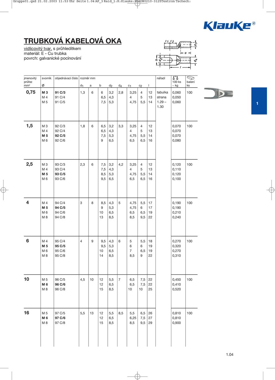 rozměr mm nářadí průřez 100 ks balení mm 2 d 1 a b d 2 d 4 c 1 c 2 l ~ kg ks 0,75 M 3 91 C/3 1,3 6 6 3,2 2,8 3,25 4 12 str0,060 tabulka 0,060 100 M 4 91 C/4 6,5 4,3 4 5 13 0,050 M 5 91 C/5 7,5 5,3