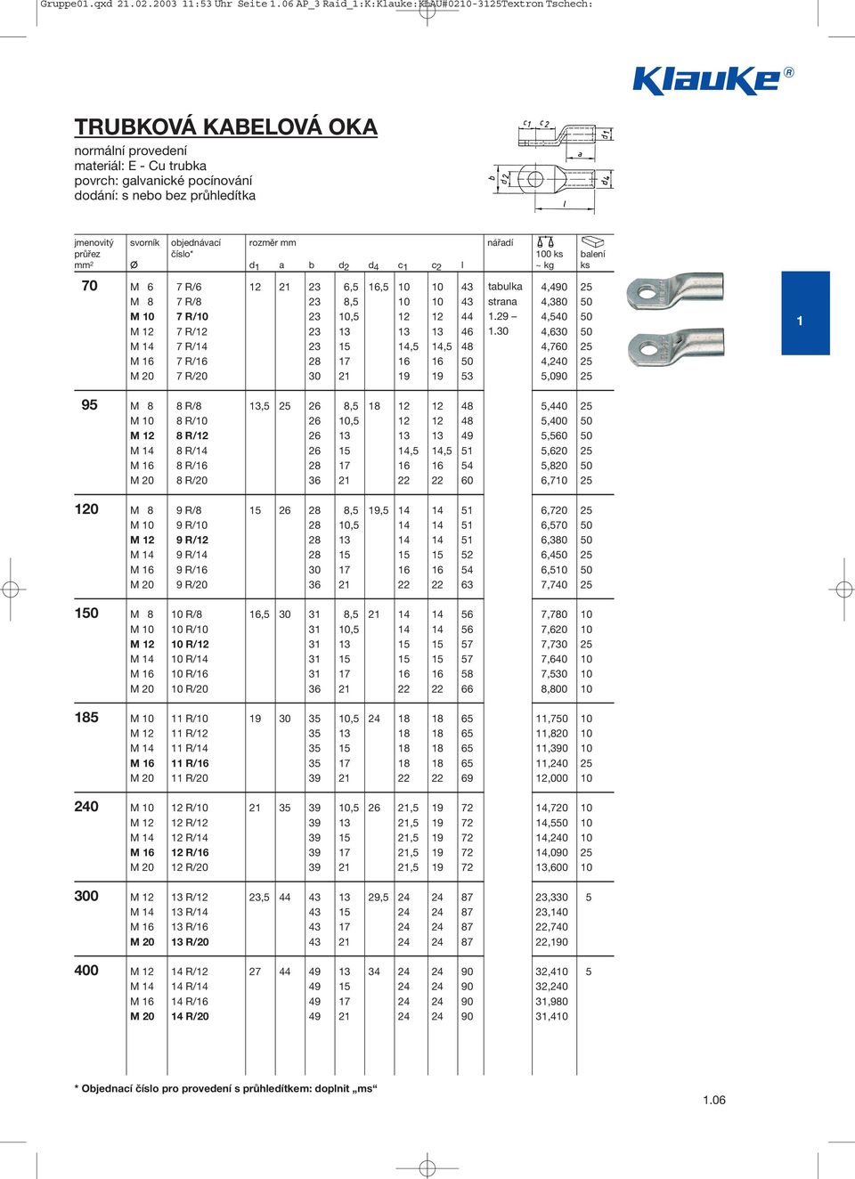 objednávací rozměr mm nářadí průřez číslo* 100 ks balení mm 2 d 1 a b d 2 d 4 c 1 c 2 l ~ kg ks 70 M 6 7 R/6 12 21 23 6,5 16,5 10 10 43 tabulka 4,490 25 M 8 7 R/8 23 8,5 10 10 43 4,380 50 M 10 7 R/10