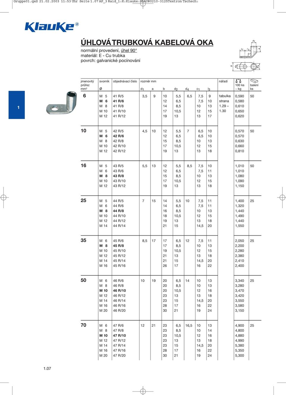 číslo rozměr mm nářadí průřez 100 ks balení mm 2 d 1 a b d 2 d 4 c 1 l 3 ~ kg ks 1 6 M 5 41 R/5 3,5 9 10 5,5 6,5 7,5 9 tabulka 0,590 50 M 6 41 R/6 12 6,5 7,5 10 0,580 M 8 41 R/8 14 8,5 10 13 1.