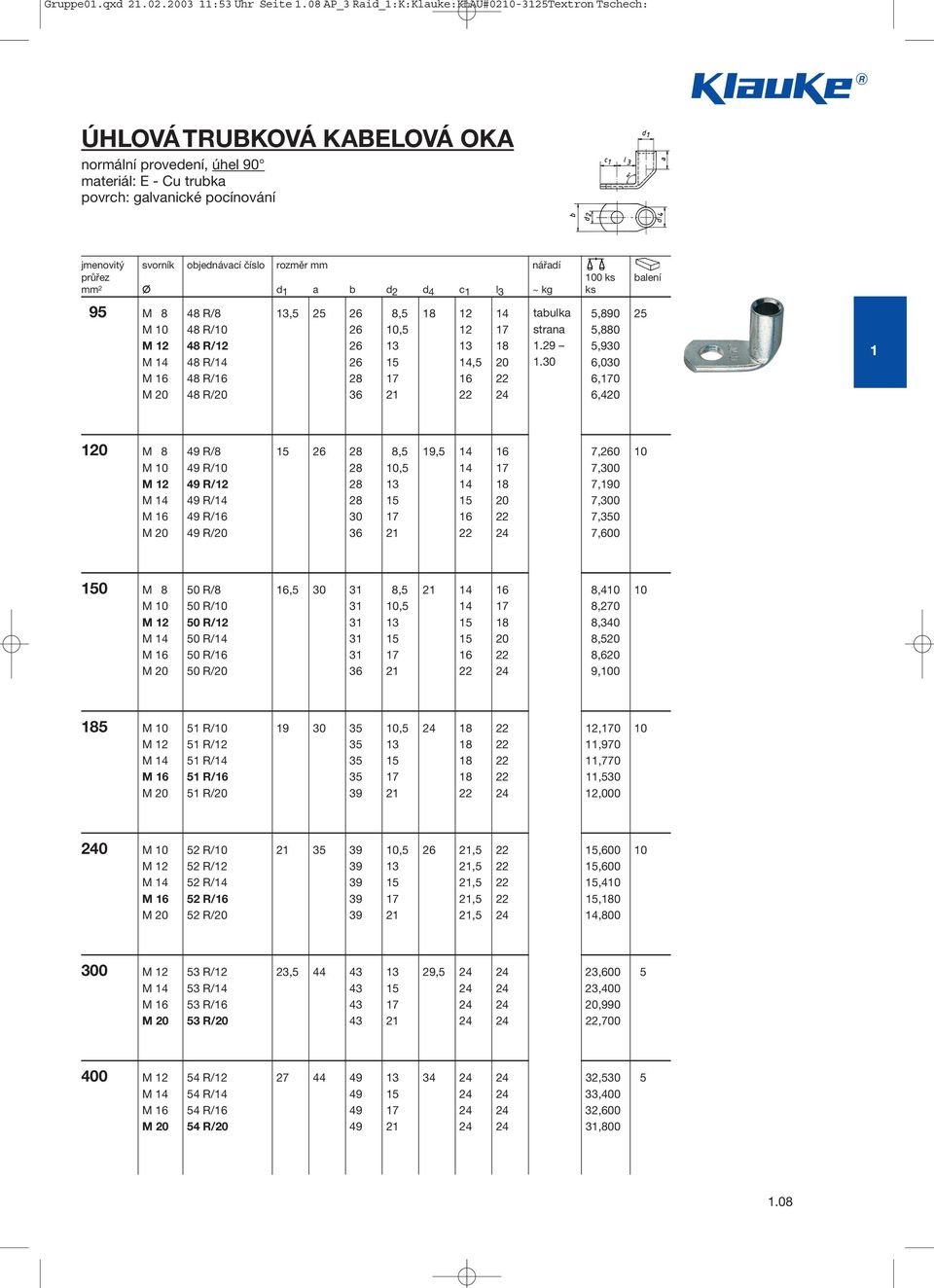 číslo rozměr mm nářadí průřez 100 ks balení mm 2 d 1 a b d 2 d 4 c 1 l 3 ~ kg ks 95 M 8 48 R/8 13,5 25 26 8,5 18 12 14 tabulka 5,890 25 M 10 48 R/10 26 10,5 12 17 5,880 M 12 48 R/12 26 13 13 18 1.