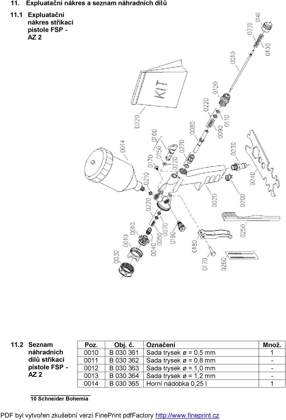 2 Seznam náhradních dílů stříkací pistole FSP - AZ 2 10 Schneider Bohemia Poz. Obj. č. Označení Množ.