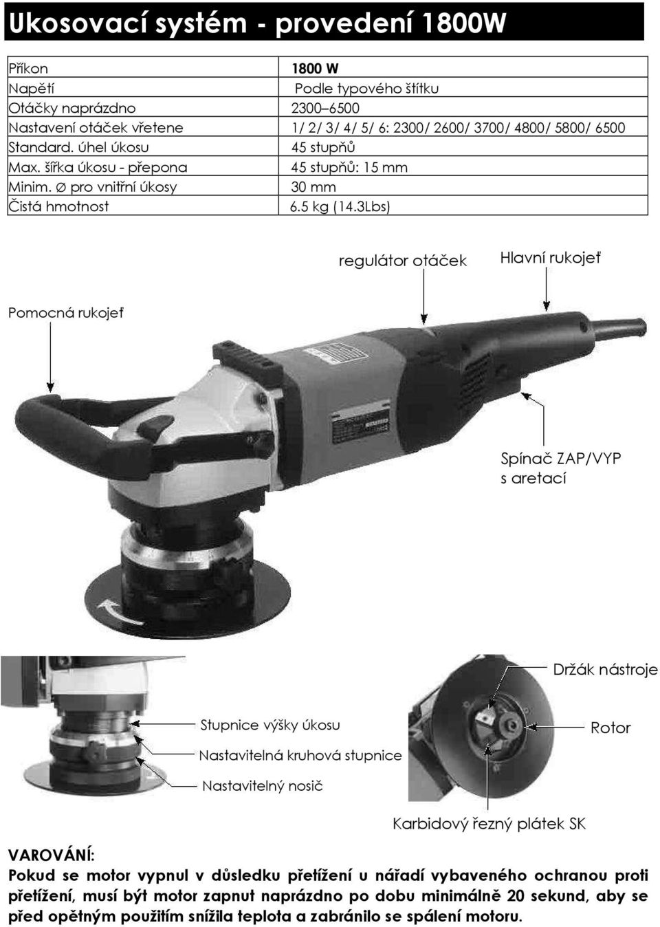 3Lbs) regulátor otáček Hlavní rukojeť Pomocná rukojeť Spínač ZAP/VYP s aretací Držák nástroje Stupnice výšky úkosu Rotor Nastavitelná kruhová stupnice Nastavitelný nosič Karbidový řezný