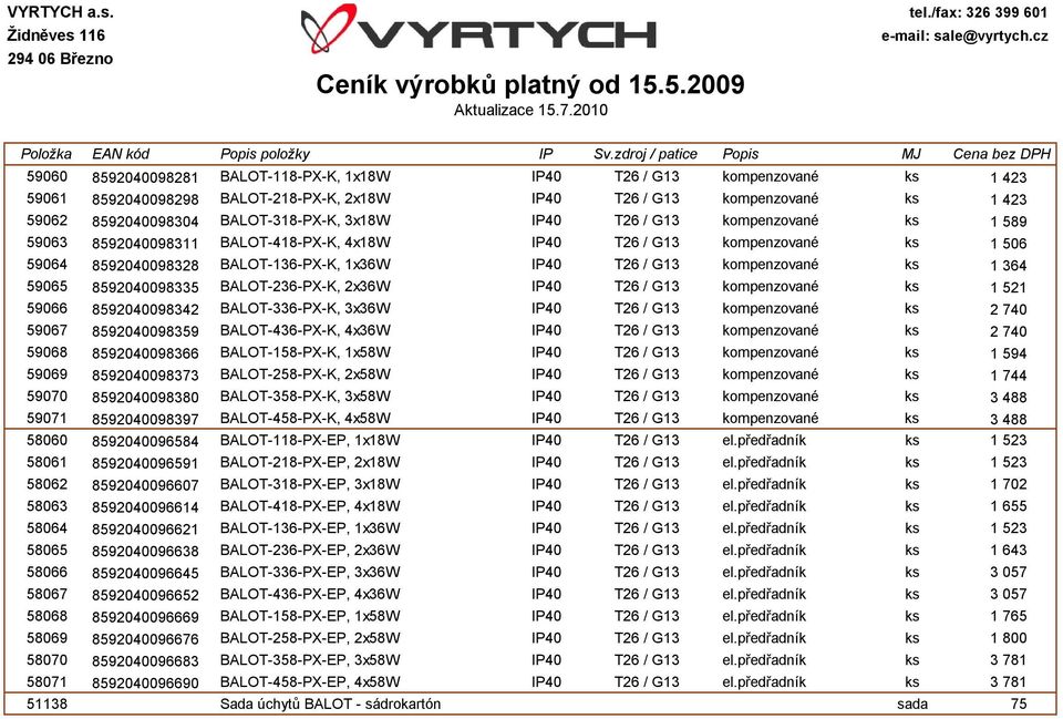 59065 8592040098335 BALOT-236-PX-K, 2x36W IP40 T26 / G13 kompenzované ks 1 521 59066 8592040098342 BALOT-336-PX-K, 3x36W IP40 T26 / G13 kompenzované ks 2 740 59067 8592040098359 BALOT-436-PX-K, 4x36W